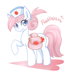 Size: 1356x1466 | Tagged: dead source, safe, artist:orbis93, nurse redheart, pony, g4, 30 minute art challenge, blushing, fanfic, fanfic art, female, heart, hooves, looking at you, mare, medical saddlebag, nurse, saddle bag, simple background, smiling, solo, teeth, text, white background