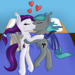 Size: 800x800 | Tagged: safe, artist:timid tracks, oc, oc only, oc:sweet hum, oc:swift edge, bat pony, pony, bed, bedroom, couple, cuddling, duo, female, heart, kissing, love, male, snuggling, straight, sweetedge