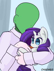 Size: 1600x2133 | Tagged: safe, artist:acharmingpony, rarity, oc, oc:anon, human, pony, g4, baby bottle, cuddling, cute, ear fluff, filly, foal, holding, holding a pony, raribetes, snuggling