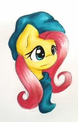 Size: 1770x2754 | Tagged: safe, artist:gummigator, fluttershy, g4, clothes, female, hat, scarf, solo, traditional art