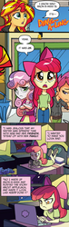 Size: 445x1458 | Tagged: safe, artist:tony fleecs, idw, official comic, apple bloom, scootaloo, sunset shimmer, sweetie belle, equestria girls, g4, my little pony: equestria girls holiday special, spoiler:comic, adventure in the comments, anon-a-miss, cutie mark crusaders, meme origin, shimmerbuse