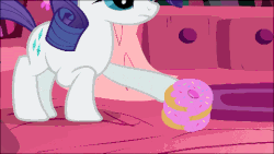 Size: 480x270 | Tagged: safe, edit, edited screencap, screencap, princess luna, rarity, g4, look before you sleep, animated, donut, female, food, golden oaks library, lunabuse, ring toss, ringer