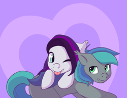 Size: 485x376 | Tagged: safe, artist:beloo, oc, oc only, oc:sweet hum, oc:swift edge, bat pony, pony, ;p, couple, cuddling, duo, female, heart, love, male, one eye closed, snuggling, straight, sweetedge, tongue out
