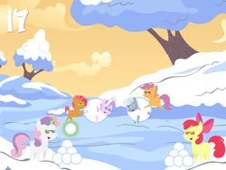 Size: 1024x768 | Tagged: safe, artist:bronybyexception, apple bloom, babs seed, diamond tiara, scootaloo, silver spoon, sweetie belle, pony, g4, abuse, advent calendar, cutie mark crusaders, pointy ponies, silverbuse, snow, snowball, snowball fight, spoonabuse, tiarabuse