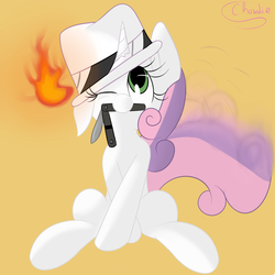 Size: 1280x1280 | Tagged: safe, artist:chowdie, sweetie belle, g4, balisong, butterfly knife, fedora, gentlespy, hat, knife, one eye closed, spy, spy (tf2), sweetie spy, team fortress 2