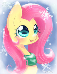 Size: 1550x2000 | Tagged: safe, artist:mrsremi, fluttershy, pegasus, pony, g4, clothes, female, looking at something, looking up, open mouth, portrait, scarf, smiling, snow, snowfall, snowflake, solo, winter