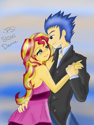 Size: 768x1024 | Tagged: safe, alternate version, artist:brickercupmasterx3, flash sentry, sunset shimmer, human, equestria girls, g4, bare shoulders, blushing, clothes, cute, dancing, dress, female, looking at each other, male, ship:flashimmer, shipping, slow dancing, straight
