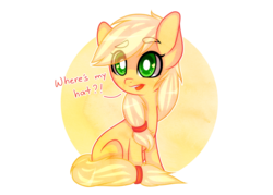 Size: 3500x2500 | Tagged: safe, artist:tingkoyy, applejack, earth pony, pony, g4, cute, dialogue, eye clipping through hair, eyebrows, eyebrows visible through hair, female, hatless, heart, heart eyes, high res, mare, missing accessory, simple background, sitting, solo, speech bubble, transparent background, wingding eyes