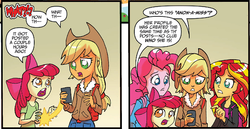 Size: 642x331 | Tagged: safe, artist:tony fleecs, apple bloom, applejack, pinkie pie, sunset shimmer, equestria girls, g4, spoiler:comic, spoiler:comicholiday2014, anonymous, comic