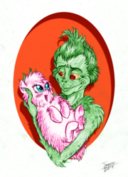 Size: 1292x1792 | Tagged: safe, artist:jaxonian, oc, oc:fluffle puff, christmas, cradling, cute, diabetes, how the grinch stole christmas, hugbox, jesus christ how horrifying, the grinch, traditional art