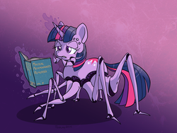 Size: 1200x900 | Tagged: safe, artist:tehflah, twilight sparkle, hybrid, monster pony, original species, spider, spiderpony, g4, book, magic, solo, species swap, spell gone wrong, telekinesis, transformation, twispider, what has magic done