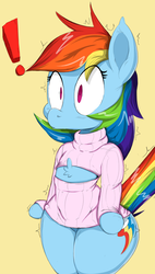 Size: 1019x1800 | Tagged: safe, artist:graphenescloset, artist:purple-yoshi-draws, edit, rainbow dash, pony, semi-anthro, g4, arm hooves, bipedal, chest fluff, clothes, exclamation point, female, keyhole turtleneck, mare, open clothes, open-chest sweater, shirt, shocked, solo, surprised, sweater, turtleneck, wide eyes, wingless