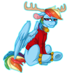 Size: 510x510 | Tagged: safe, artist:ahmonaeatchu123, rainbow dash, g4, bells, clothes, female, reindeer antlers, solo, sweater, underhoof