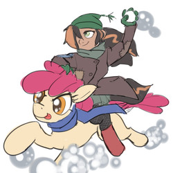 Size: 900x900 | Tagged: safe, artist:moronsonofboron, apple bloom, oc, oc:darcy, satyr, g4, aunt and niece, clothes, hat, jacket, offspring, parent:big macintosh, riding, satyrs riding ponies, snow, snowball