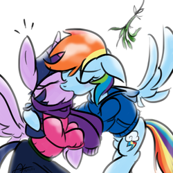 Size: 1024x1024 | Tagged: safe, artist:mrasianhappydude, rainbow dash, twilight sparkle, alicorn, pegasus, pony, g4, blushing, clothes, colored, duo, female, hoodie, kiss on the lips, kissing, lesbian, mare, mistletoe, scarf, ship:twidash, shipping, simple background, twilight sparkle (alicorn), white background, wingboner