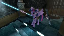 Size: 1366x768 | Tagged: safe, artist:maxressor, twilight sparkle, alicorn, pony, g4, 3d, double lightsaber, gmod, lightsaber, magic, shield, star wars, twilight sparkle (alicorn), weapon