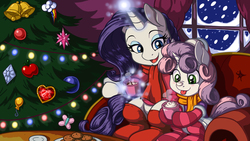 Size: 2400x1350 | Tagged: safe, artist:latecustomer, rarity, sweetie belle, pony, unicorn, g4, :p, applejack's cutie mark, christmas tree, clothes, cookie, couch, cute, cutie mark, diasweetes, female, filly, fluttershy's cutie mark, foal, food, food on face, glowing, glowing horn, hoof hold, horn, hot chocolate, magic, magic aura, mare, mug, open mouth, pinkie pie's cutie mark, rainbow dash's cutie mark, raribetes, rarity's cutie mark, scarf, sisters, sitting, snow, snowfall, socks, striped socks, telekinesis, tongue out, tree, twilight sparkle's cutie mark, wallpaper, whipped cream, winter
