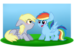 Size: 2696x1705 | Tagged: safe, artist:chub-wub, derpy hooves, rainbow dash, g4, blank flank, blushing, filly, younger