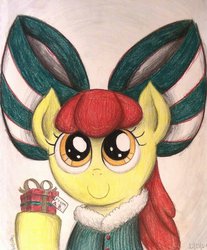 Size: 814x982 | Tagged: safe, artist:thefriendlyelephant, apple bloom, earth pony, pony, g4, adorabloom, christmas, clothes, cute, female, filly, foal, present, solo, traditional art