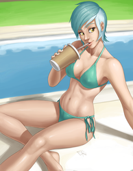 Size: 1280x1646 | Tagged: safe, artist:ldr, lyra heartstrings, human, art pack:my little sweetheart, art pack:my little sweetheart 3, g4, armpits, barefoot, bikini, clothes, drink, feet, female, humanized, my little sweetheart, solo, swimming pool, swimsuit