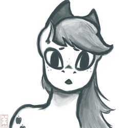 Size: 2000x2100 | Tagged: safe, artist:theonlywolf100, applejack, g4, black and white, cute, grayscale, high res, monochrome, ponytail, portrait, sketch