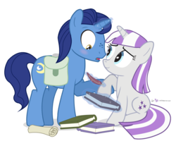 Size: 875x700 | Tagged: safe, artist:dm29, night light, twilight velvet, g4, blushing, book, duo, embarrassed, female, flashback, freckles, helping hoof, male, saddle bag, scroll, ship:nightvelvet, simple background, straight, transparent background, younger