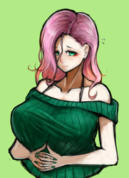 Size: 578x799 | Tagged: safe, artist:kai(ry, fluttershy, human, g4, bra strap, breasts, busty fluttershy, clothes, female, humanized, nail polish, off shoulder, solo, sweatershy