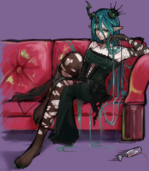 Size: 738x845 | Tagged: safe, artist:kai(ry, queen chrysalis, changeling, changeling queen, human, g4, armpits, clothes, elf ears, feet, female, horn, horned humanization, humanized, nail polish, solo, stockings