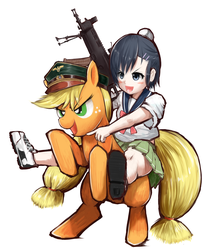 Size: 924x1140 | Tagged: safe, artist:kai(ry, applejack, earth pony, human, pony, g4, female, gun, rearing, riding, sg 556, solo, upotte