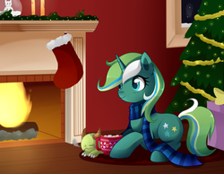 Size: 1019x789 | Tagged: safe, artist:hikariviny, oc, oc only, christmas, christmas tree, fireplace, hearth's warming, marshmallow, prone, sock, solo, tree