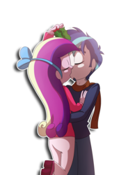 Size: 1468x2000 | Tagged: safe, artist:fj-c, princess cadance, shining armor, human, equestria girls, g4, female, holly, holly mistaken for mistletoe, kiss on the lips, kissing, male, ship:shiningcadance, shipping, straight, younger