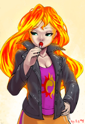 Size: 408x593 | Tagged: safe, artist:daraku, artist:dong, sunset shimmer, human, equestria girls, g4, colored, female, humanized, lollipop, pixiv, solo