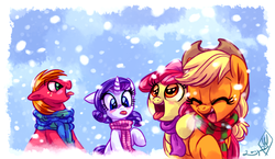 Size: 1550x900 | Tagged: safe, artist:whitediamonds, apple bloom, applejack, big macintosh, rarity, earth pony, pony, unicorn, rarijack daily, g4, adorabloom, apple siblings, apple sisters, applejack's hat, blushing, breath, brother and sister, catching snowflakes, clothes, cold, cowboy hat, cute, female, filly, foal, group, hat, jackabetes, laughing, lesbian, macabetes, male, mare, open mouth, quartet, raribetes, scarf, ship:rarijack, shipping, siblings, sisters, snow, snowfall, snowflake, tongue out
