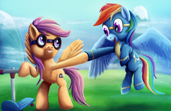 Size: 2500x1618 | Tagged: safe, artist:fox-moonglow, rainbow dash, scootaloo, pony, g4, duo