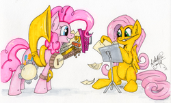 Size: 2963x1786 | Tagged: safe, artist:jorobro, fluttershy, pinkie pie, g4, musical instrument