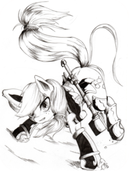 Size: 1675x2224 | Tagged: safe, artist:aerolp, applejack, g4, boots, female, hammer, monochrome, solo, traditional art, war hammer, warrior