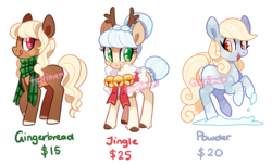 Size: 703x427 | Tagged: safe, artist:tsurime, oc, oc only, oc:gingerbread, oc:jingle, oc:powder, earth pony, pony, adoptable, bell, bell collar, bells, clothes, collar, female, freckles, jingle bells, mare, scarf, simple background, smiling, snow, tongue out, transparent background, unshorn fetlocks
