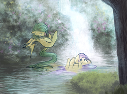 Size: 1350x1000 | Tagged: safe, artist:qicop, fluttershy, oc, pegasus, pony, g4, female, flying, grass, lying, lying down, on back, swimming, tree, water, waterfall