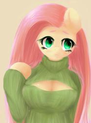 Size: 760x1024 | Tagged: dead source, safe, artist:dobado, fluttershy, anthro, g4, boob window, breasts, busty fluttershy, clothes, female, keyhole turtleneck, open-chest sweater, solo, sweater, sweatershy, turtleneck
