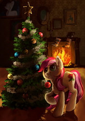 Size: 632x900 | Tagged: safe, artist:lis-alis, roseluck, earth pony, pony, g4, christmas, christmas ornament, christmas tree, commissioner:doom9454, decoration, female, fireplace, fluffy, looking at something, mare, mouth hold, raised hoof, solo, tree