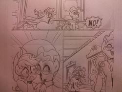 Size: 1024x768 | Tagged: safe, artist:brenda hickey, idw, applejack, mayor mare, friends forever #15, g4, my little pony: friends forever, spoiler:comic, idw advertisement, monochrome, pencil drawing, traditional art, wip