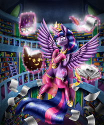 Size: 1125x1350 | Tagged: safe, artist:szafir87, twilight sparkle, alicorn, pony, g4, book, clothes, female, library, mare, paper, solo, stockings, twilight sparkle (alicorn)