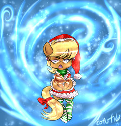 Size: 2400x2514 | Tagged: safe, artist:tofutiles, ms. harshwhinny, g4, clothes, female, hat, high res, santa costume, santa hat, socks, solo, striped socks, trophy