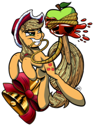 Size: 2957x3974 | Tagged: safe, artist:gray--day, applejack, g4, apple, female, hat, high res, mouth hold, rope, santa hat, solo
