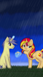 Size: 720x1280 | Tagged: safe, artist:sabrina-tellijohn, comet tail, sunset shimmer, pony, unicorn, g4, duo, female, flower, glowing horn, horn, male, rain, ship:cometshimmer, shipping, straight
