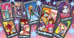 Size: 3976x2071 | Tagged: safe, artist:tonyfleecs, idw, applejack, fluttershy, pinkie pie, rainbow dash, rarity, sunset shimmer, cyclops, equestria girls, g4, spoiler:comic, spoiler:comicholiday2014, charlie and the chocolate factory, cyclops (marvel), deerstalker, derail in the comments, detective, detective shimmer, dracula, fedora, hat, high res, magnifying glass, mane six, prince (musician), roald dahl, scooby-doo!, sherlock holmes, sherlock shimmer, velma dinkley, willy wonka, x-men