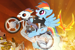 Size: 900x600 | Tagged: safe, artist:pixelkitties, rainbow dash, phoenix, g4, bat out of hell, clothes, female, heavy metal, jacket, leather jacket, meat loaf, motorcycle, ponified, ponified album cover, rock (music), solo