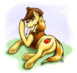 Size: 800x757 | Tagged: safe, artist:aokibengal, braeburn, earth pony, pony, g4, butt, hat, looking at you, lying down, male, plot, solo, stallion, underhoof