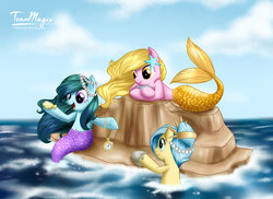 Size: 1024x745 | Tagged: dead source, safe, artist:teammagix, oc, oc only, oc:glistening ray, oc:golden seastone, oc:oddette, mermaid, merpony, jewelry, necklace, pearl necklace, pocket watch, rock, seashell, trio