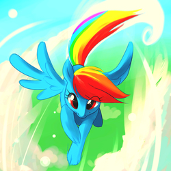 Size: 1600x1600 | Tagged: safe, artist:zigrock, rainbow dash, g4, female, flying, pixiv, solo